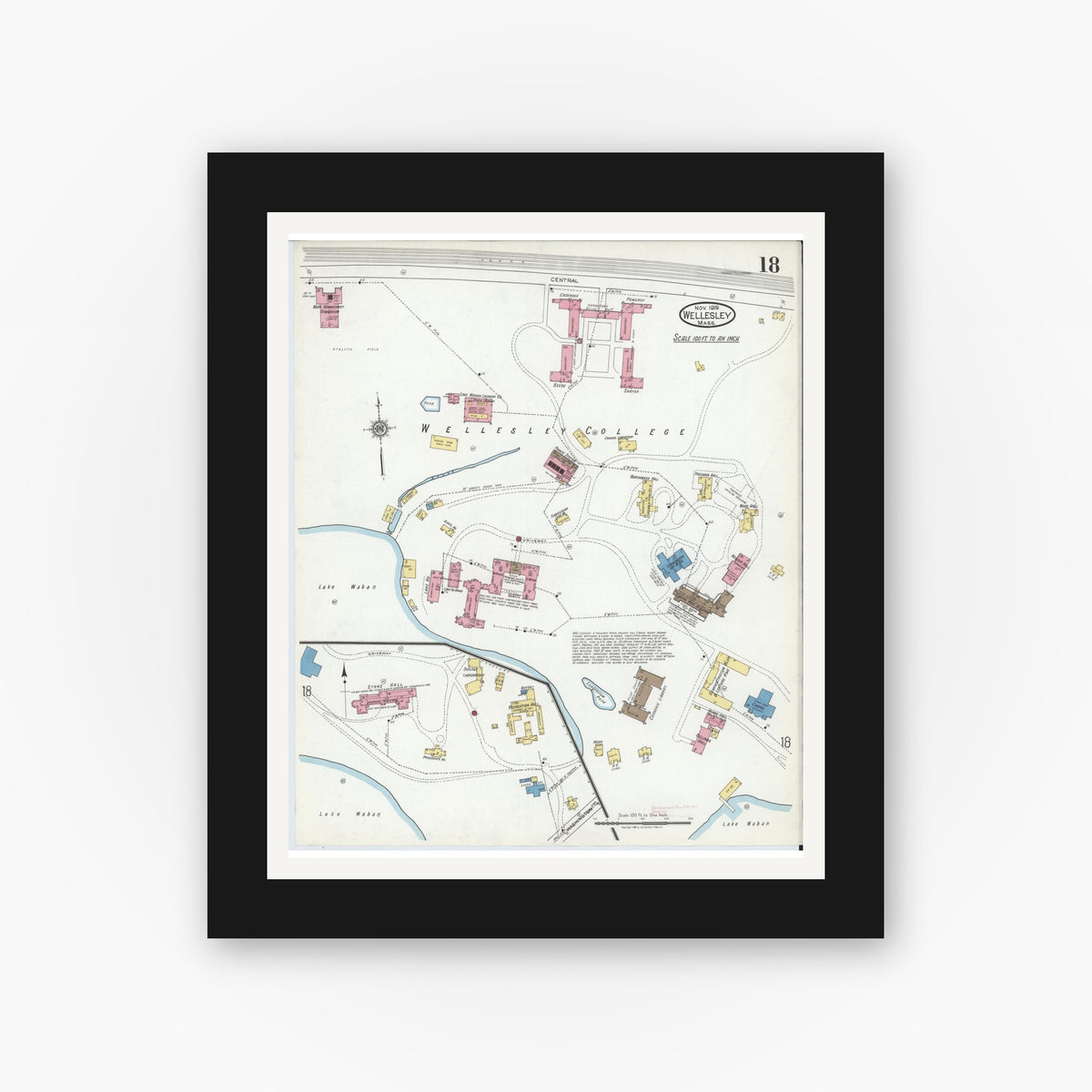 Old map wall art mockup — black gallery frame with white mat — Sanborn Fire Insurance Map from Wellesley, Norfolk County, Massachusetts (1919), Sheet #0018