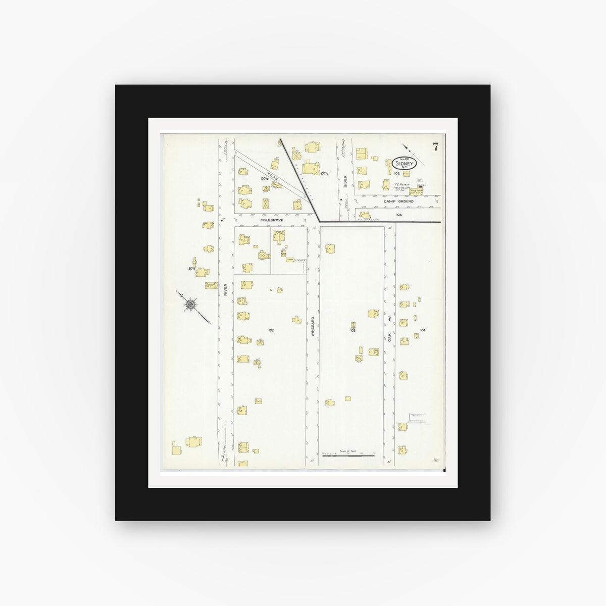 Old map wall art mockup — black gallery frame with white mat — Sanborn Fire Insurance Map from Sidney, Delaware County, New York (1910), Sheet #0007