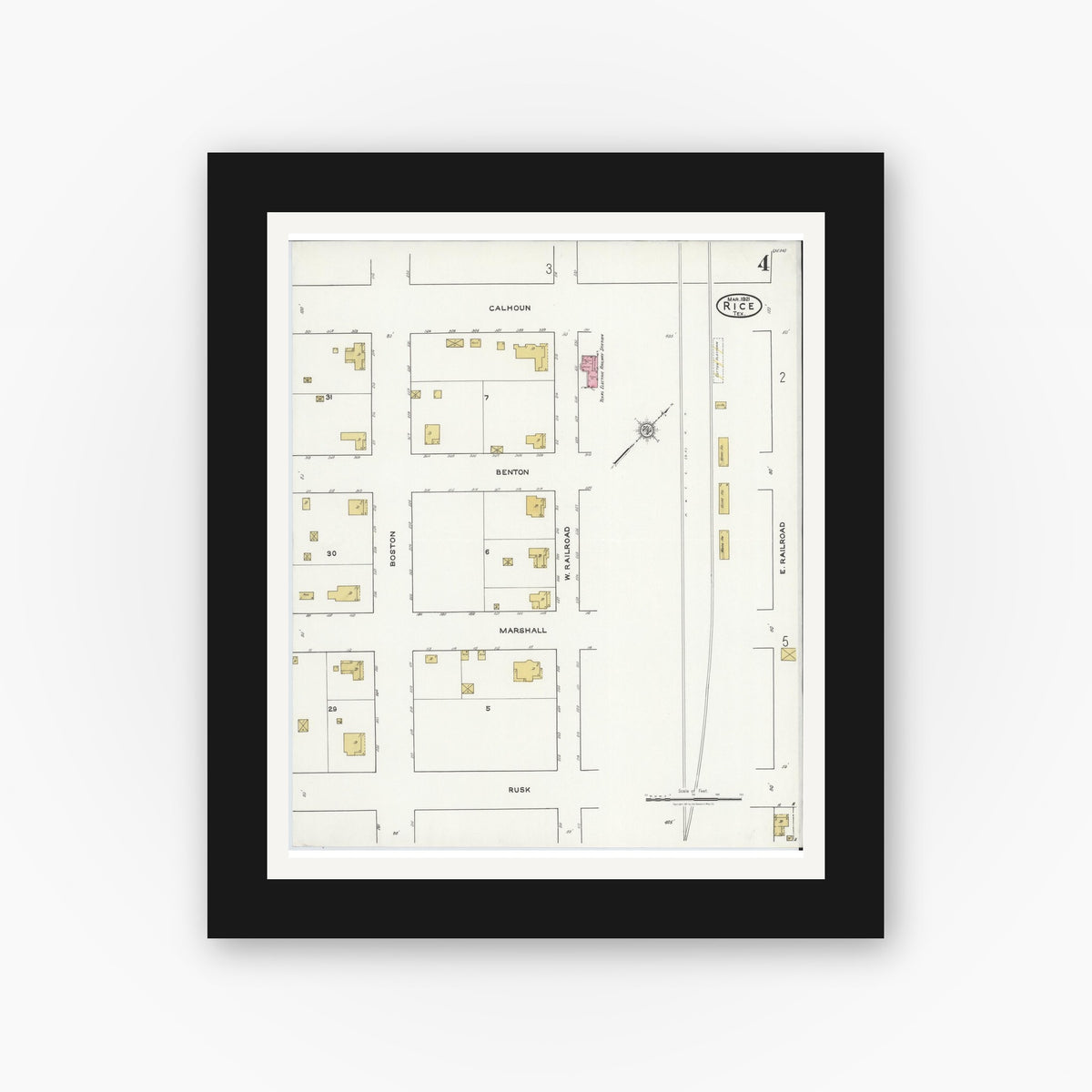 Old map wall art mockup — black gallery frame with white mat — Sanborn Fire Insurance Map from Rice, Navarro County, Texas (1921), Sheet #0004