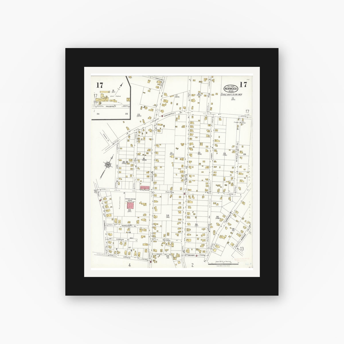 Old map wall art mockup — black gallery frame with white mat — Sanborn Fire Insurance Map from Norwood, Norfolk County, Massachusetts (1923), Sheet #0017