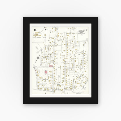 Old map wall art mockup — black gallery frame with white mat — Sanborn Fire Insurance Map from Norwood, Norfolk County, Massachusetts (1923), Sheet #0017