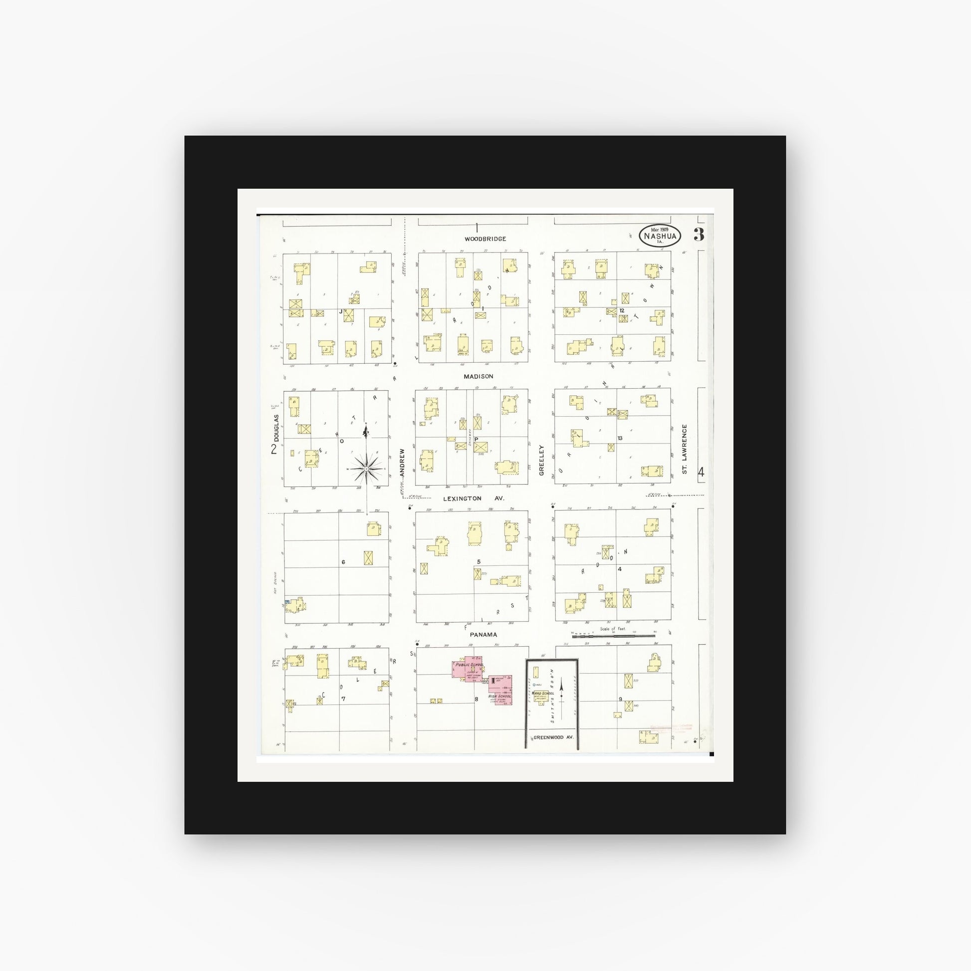Old map wall art mockup — black gallery frame with white mat — Sanborn Fire Insurance Map from Nashua, Chickasaw County, Iowa (1909), Sheet #0003