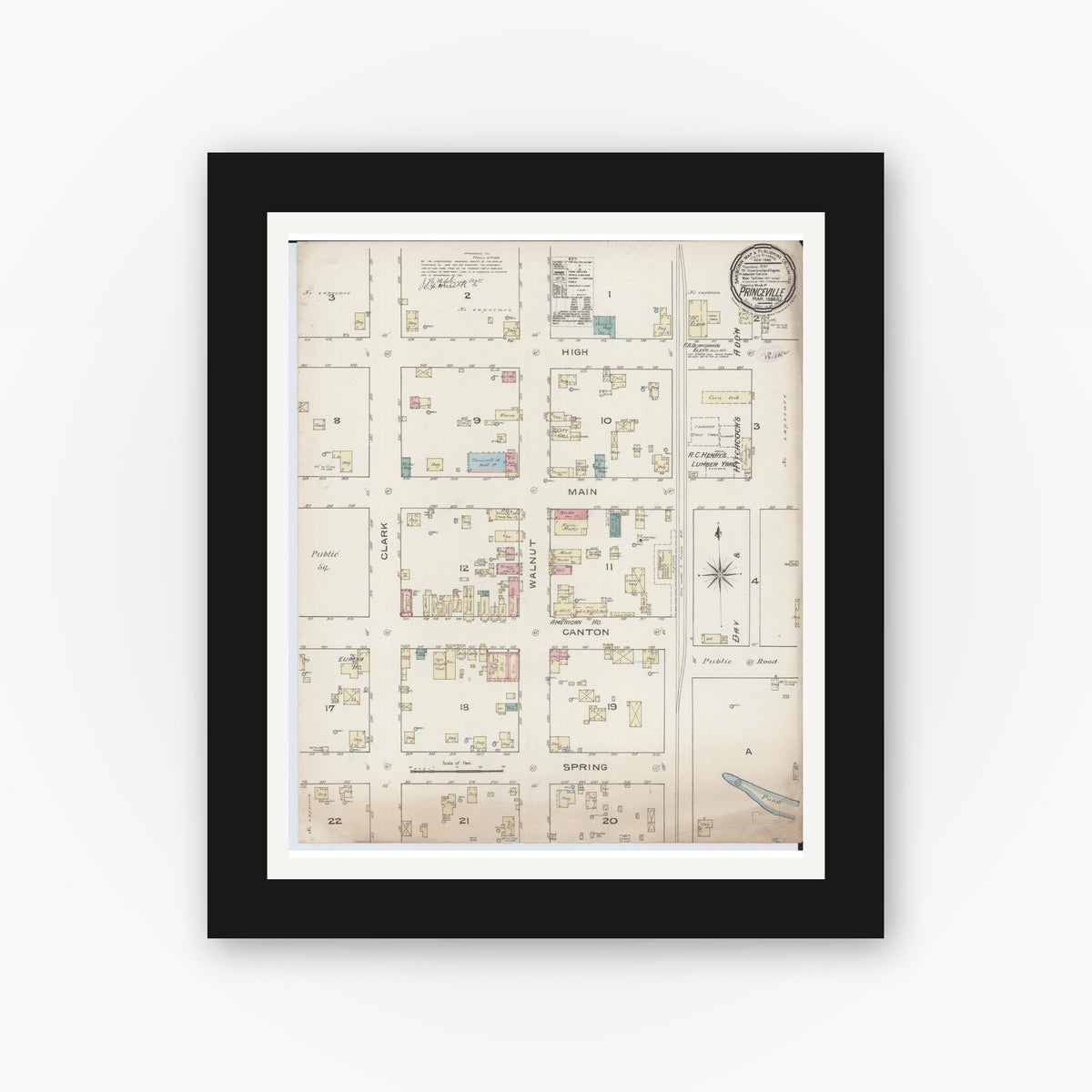 Old map wall art mockup — black gallery frame with white mat — Sanborn Fire Insurance Map from Princeville, Peoria County, Illinois (1886), Sheet #0001