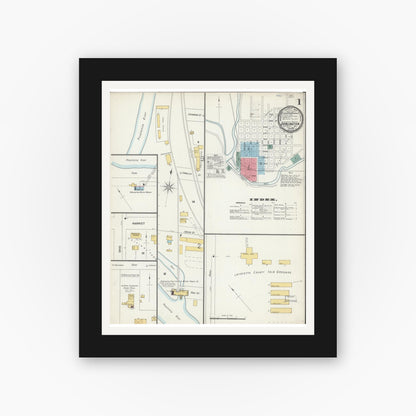 Old map wall art mockup — black gallery frame with white mat — Sanborn Fire Insurance Map from Darlington, Lafayette County, Wisconsin (1900), Sheet #0001