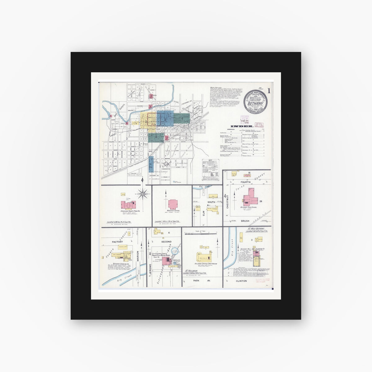 Old map wall art mockup — black gallery frame with white mat — Sanborn Fire Insurance Map from Bethany, Harrison County, Missouri (1909) - Complete Map Set
