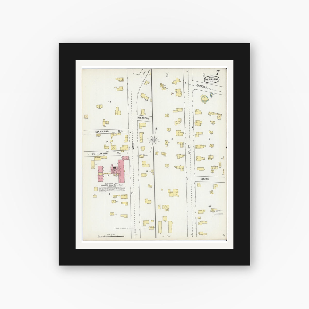 Old map wall art mockup — black gallery frame with white mat — Sanborn Fire Insurance Map from Sherburne, Chenango County, New York (1892), Sheet #0007