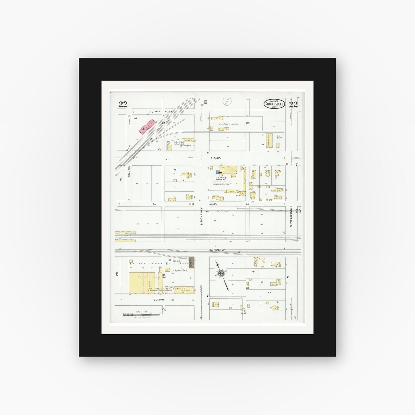 Old map wall art mockup — black gallery frame with white mat — Sanborn Fire Insurance Map from Circleville, Pickaway County, Ohio (1927), Sheet #0022