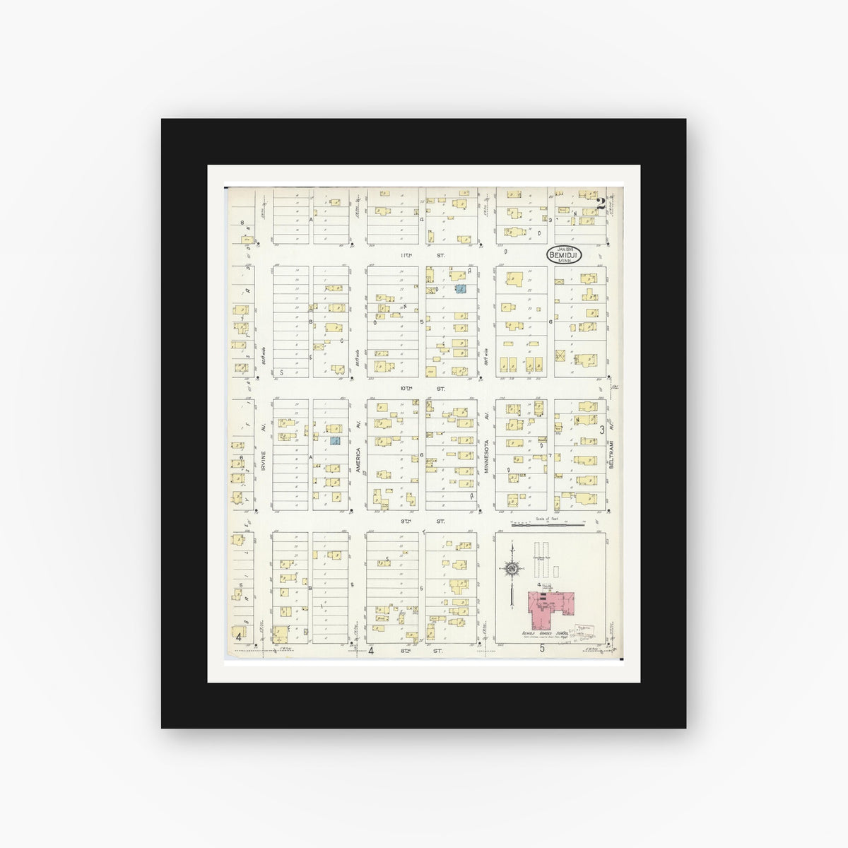 Old map wall art mockup — black gallery frame with white mat — Sanborn Fire Insurance Map from Bemidji, Beltrami County, Minnesota (1914), Sheet #0002