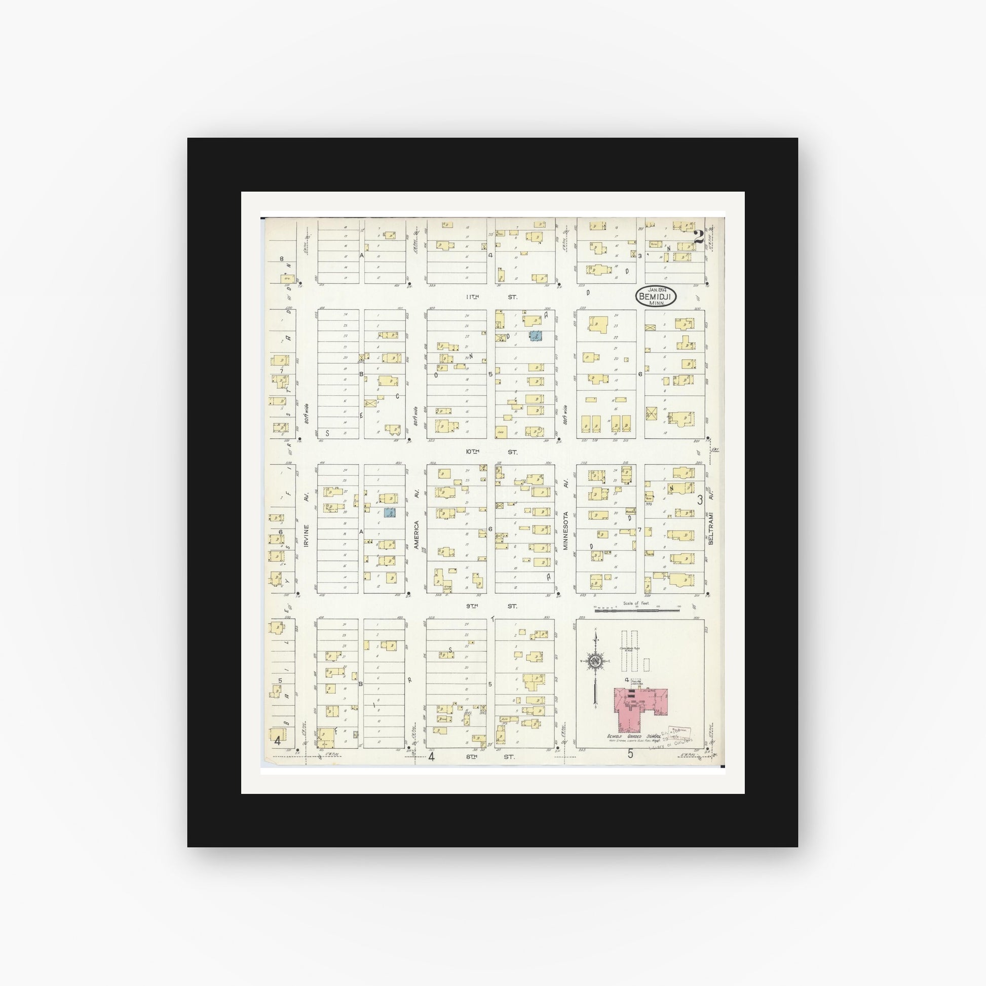 Old map wall art mockup — black gallery frame with white mat — Sanborn Fire Insurance Map from Bemidji, Beltrami County, Minnesota (1914), Sheet #0002