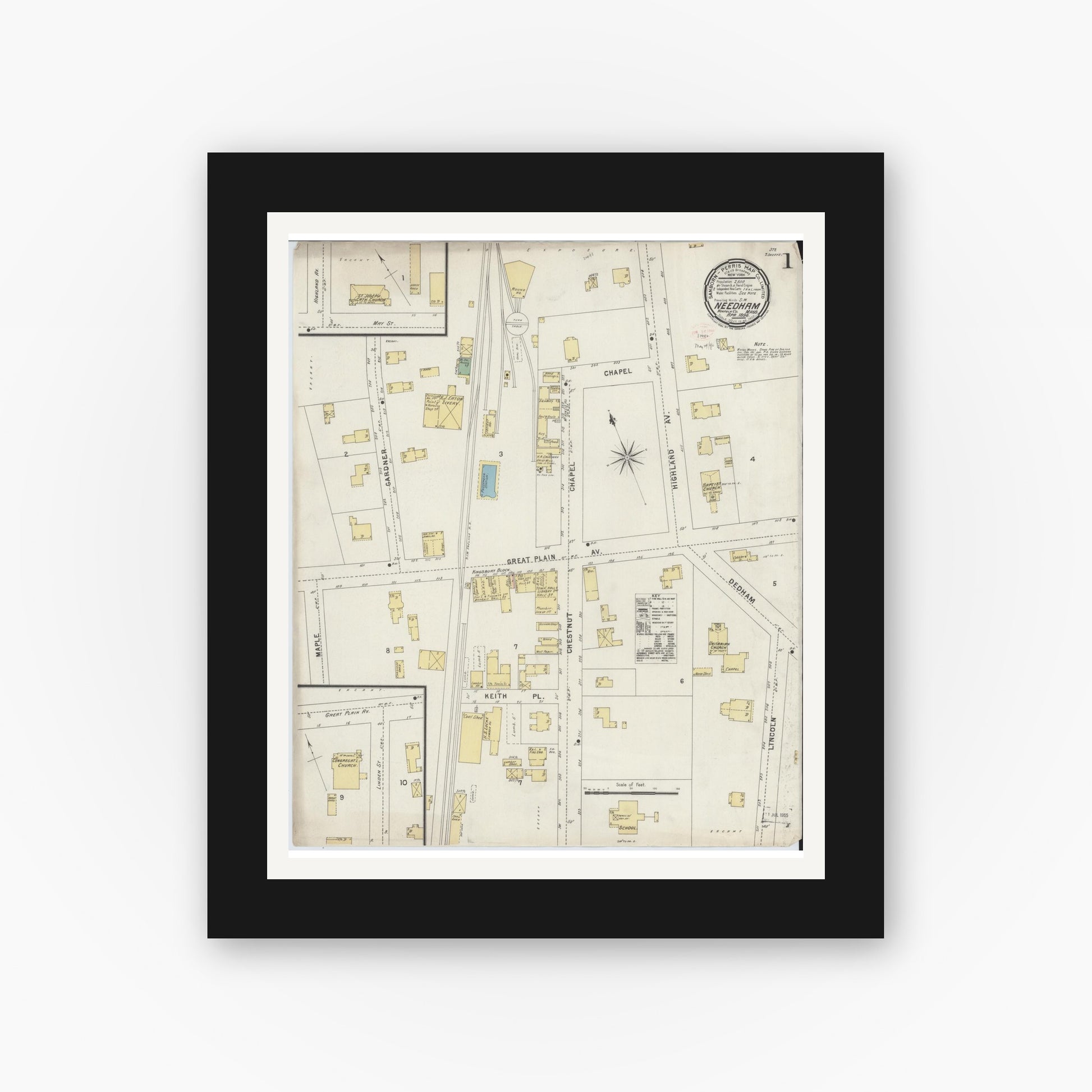 Old map wall art mockup — black gallery frame with white mat — Sanborn Fire Insurance Map from Needham, Norfolk County, Massachusetts (1896), Sheet #0001