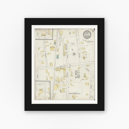 Old map wall art mockup — black gallery frame with white mat — Sanborn Fire Insurance Map from Needham, Norfolk County, Massachusetts (1896), Sheet #0001