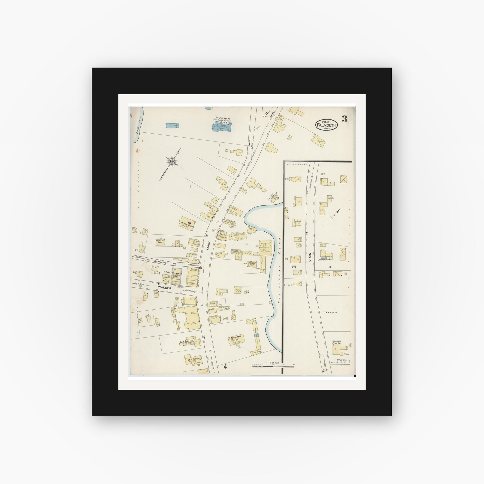 Old map wall art mockup — black gallery frame with white mat — Sanborn Fire Insurance Map from Falmouth, Barnstable County, Massachusetts (1914), Sheet #0003