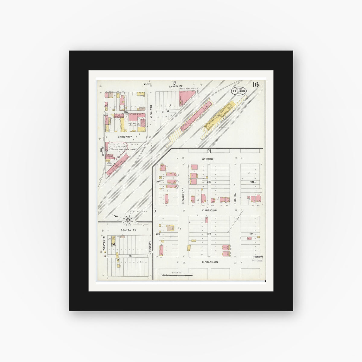 Old map wall art mockup — black gallery frame with white mat — Sanborn Fire Insurance Map from El Paso, El Paso County, Texas (1898), Sheet #0016