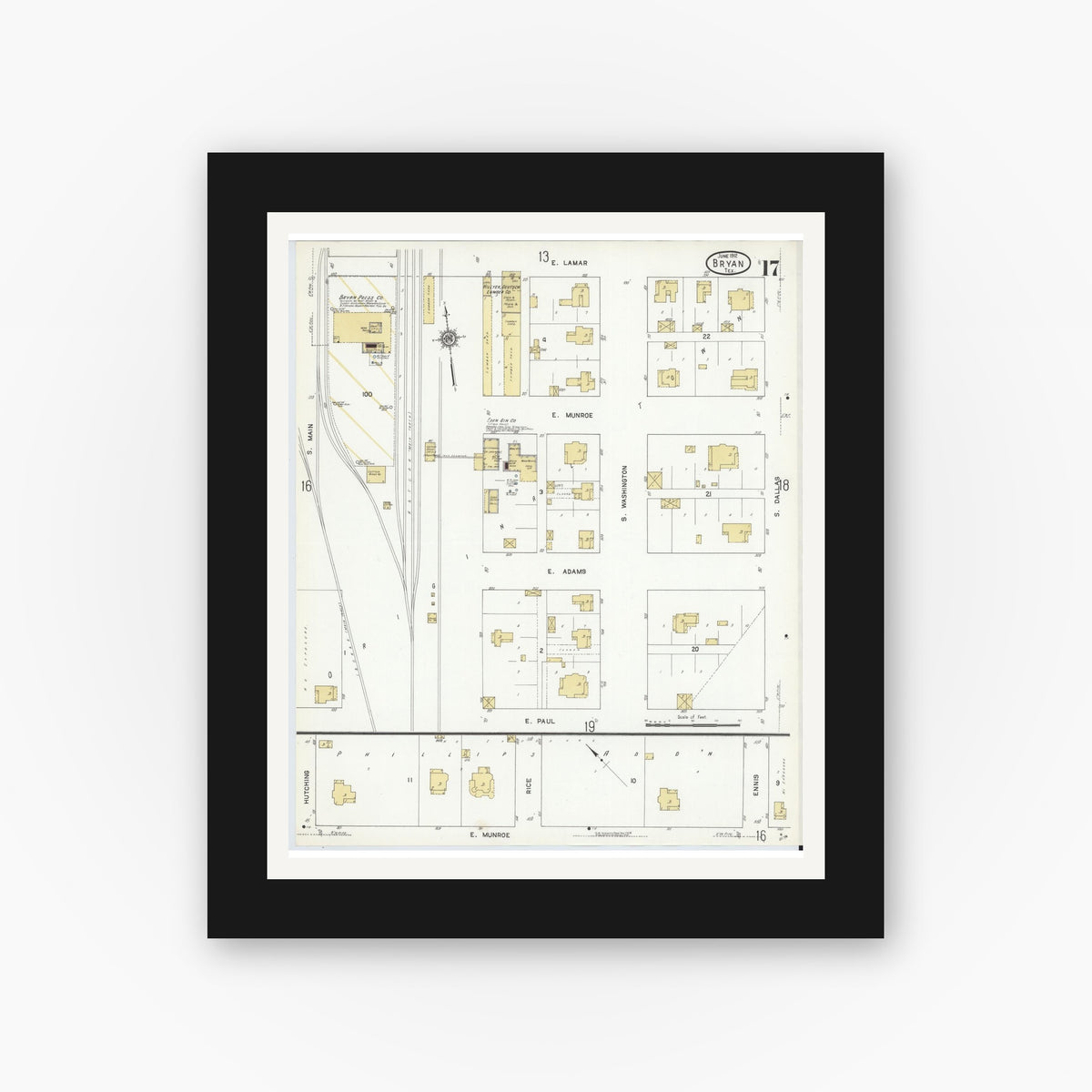 Old map wall art mockup — black gallery frame with white mat — Sanborn Fire Insurance Map from Bryan, Brazos County, Texas (1912), Sheet #0017