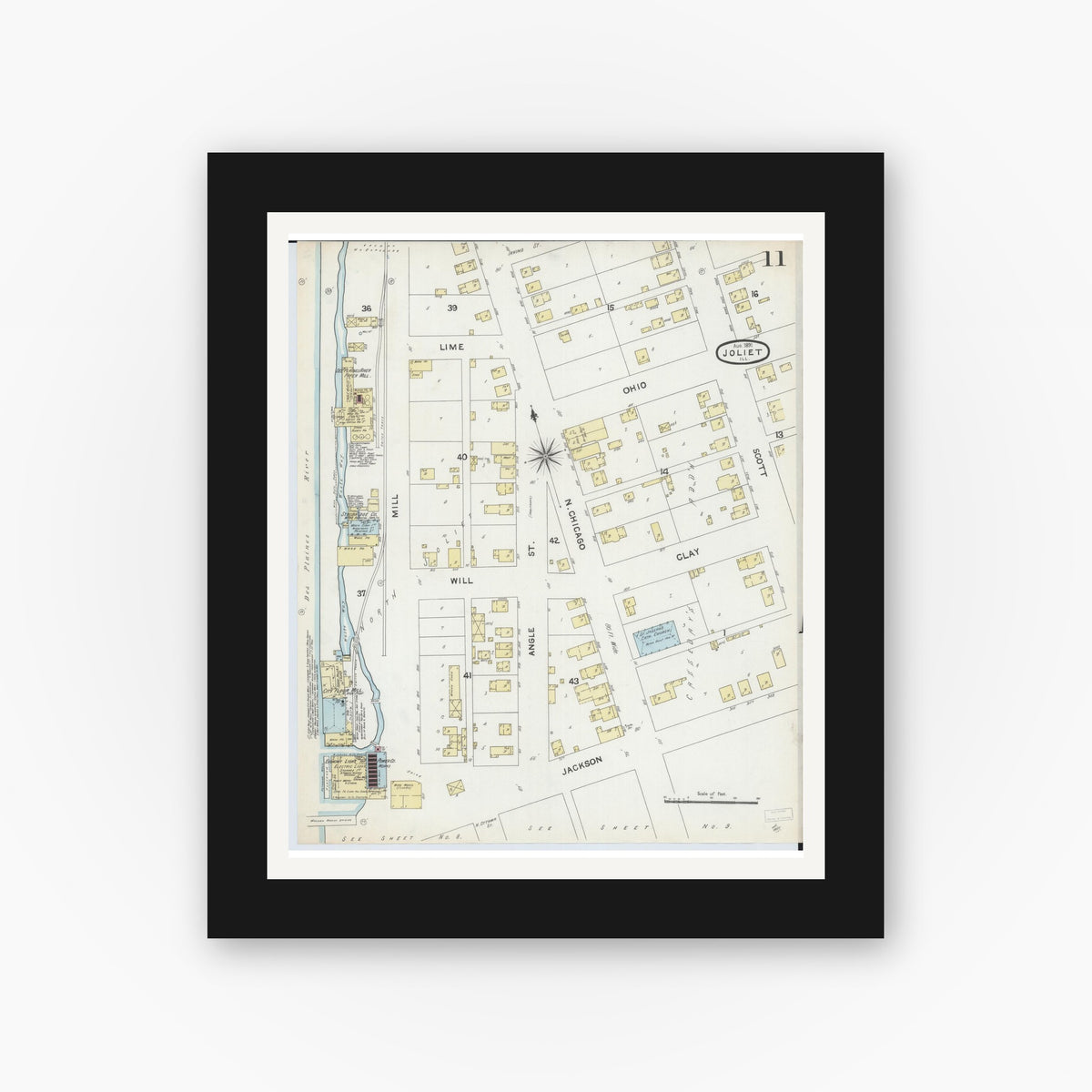 Old map wall art mockup — black gallery frame with white mat — Sanborn Fire Insurance Map from Joliet, Will County, Illinois (1891), Sheet #0011