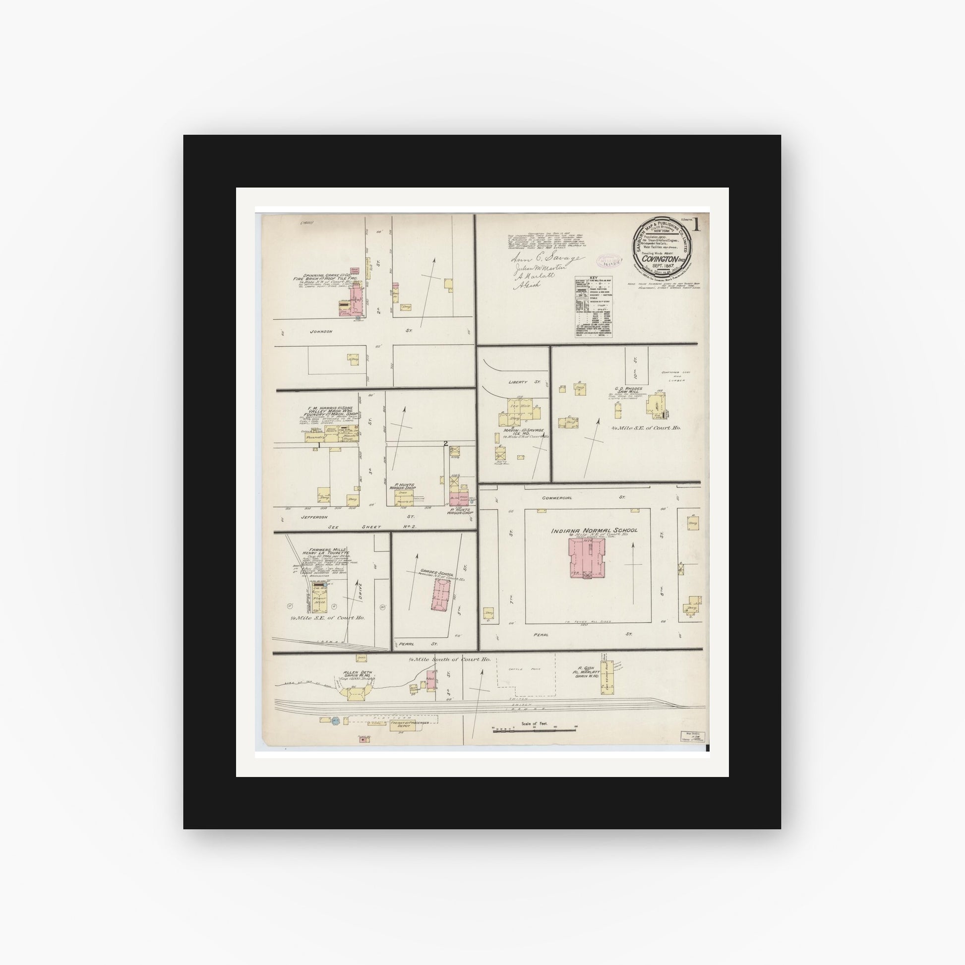 Old map wall art mockup — black gallery frame with white mat — Sanborn Fire Insurance Map from Covington, Fountain County, Indiana (1887) - Complete Map Set
