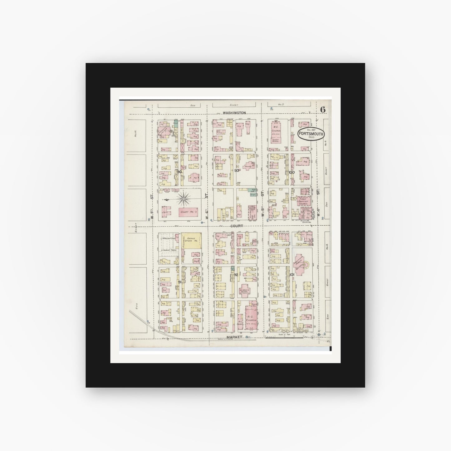 Old map wall art mockup — black gallery frame with white mat — Sanborn Fire Insurance Map from Portsmouth, Scioto County, Ohio (1887), Sheet #0006