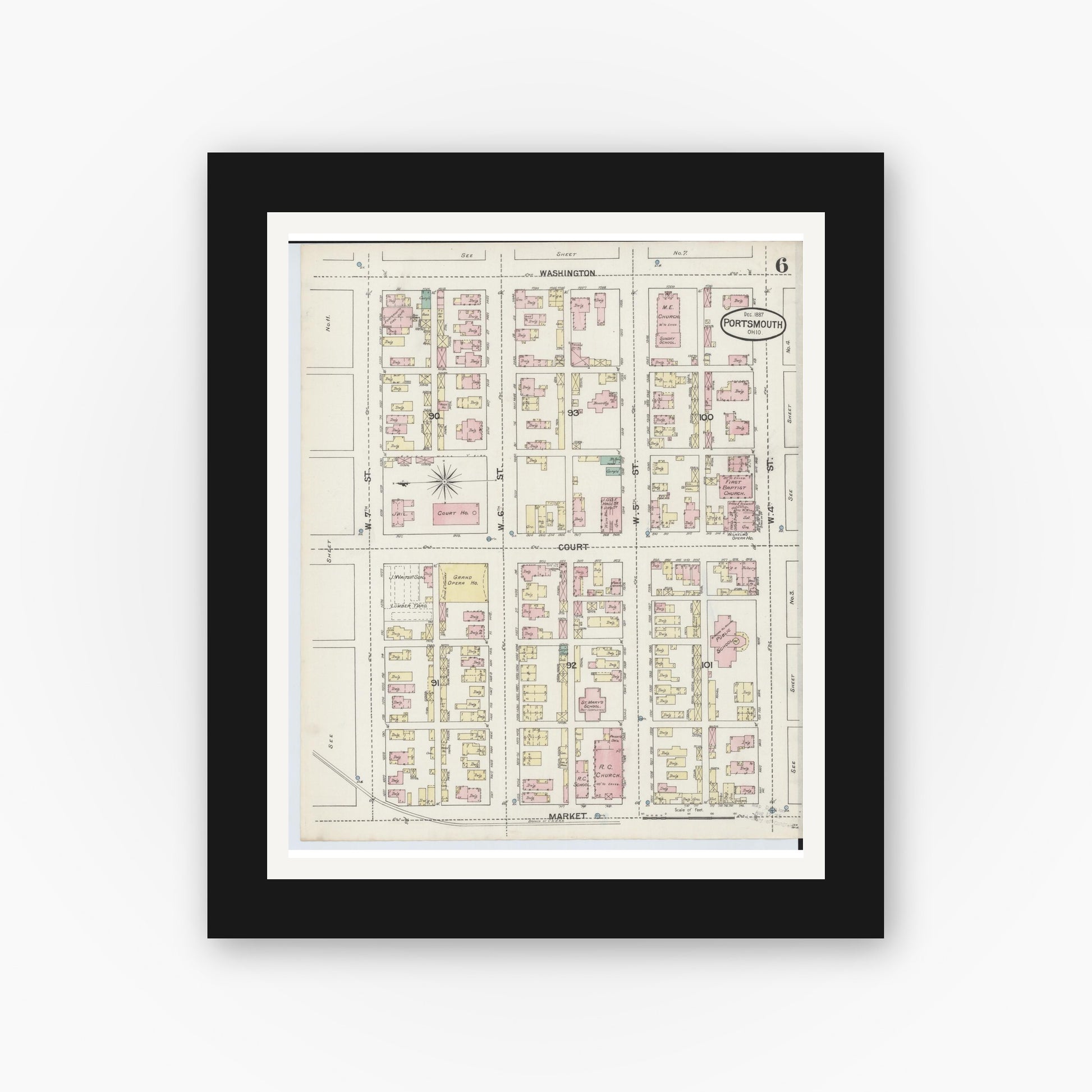 Old map wall art mockup — black gallery frame with white mat — Sanborn Fire Insurance Map from Portsmouth, Scioto County, Ohio (1887), Sheet #0006
