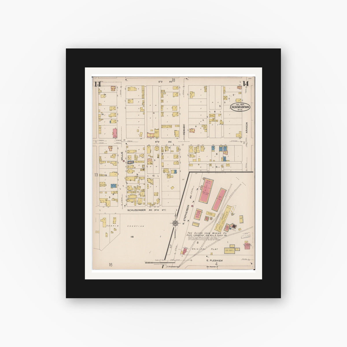 Old map wall art mockup — black gallery frame with white mat — Sanborn Fire Insurance Map from Iron Mountain, Dickinson County, Michigan (1923), Sheet #0014