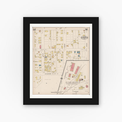Old map wall art mockup — black gallery frame with white mat — Sanborn Fire Insurance Map from Iron Mountain, Dickinson County, Michigan (1923), Sheet #0014
