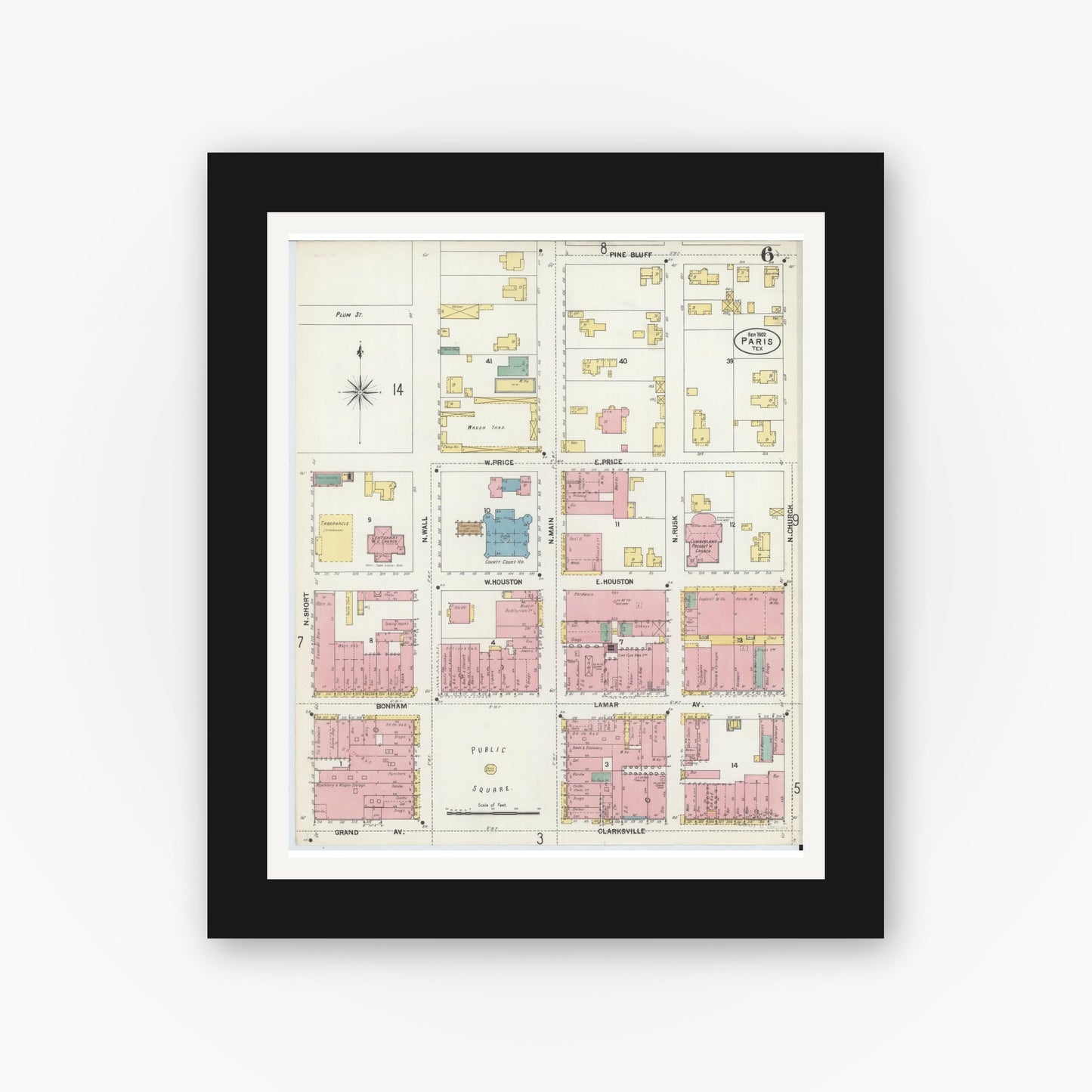 Old map wall art mockup — black gallery frame with white mat — Sanborn Fire Insurance Map from Paris, Lamar County, Texas (1902), Sheet #0006