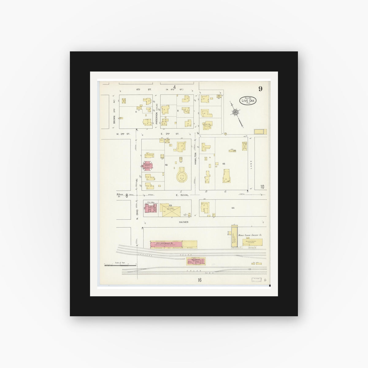 Old map wall art mockup — black gallery frame with white mat — Sanborn Fire Insurance Map from Live Oak, Suwanee County, Florida (1912), Sheet #0009