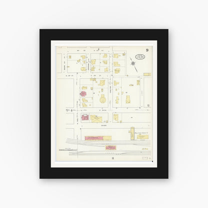 Old map wall art mockup — black gallery frame with white mat — Sanborn Fire Insurance Map from Live Oak, Suwanee County, Florida (1912), Sheet #0009