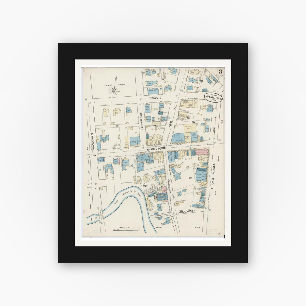 Old map wall art mockup — black gallery frame with white mat — Sanborn Fire Insurance Map from San Antonio, Bexar County, Texas (1885), Sheet #0003