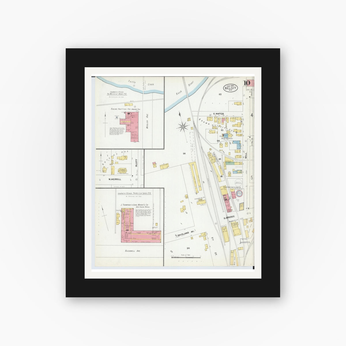 Old map wall art mockup — black gallery frame with white mat — Sanborn Fire Insurance Map from Beloit, Rock County, Wisconsin (1902), Sheet #0010
