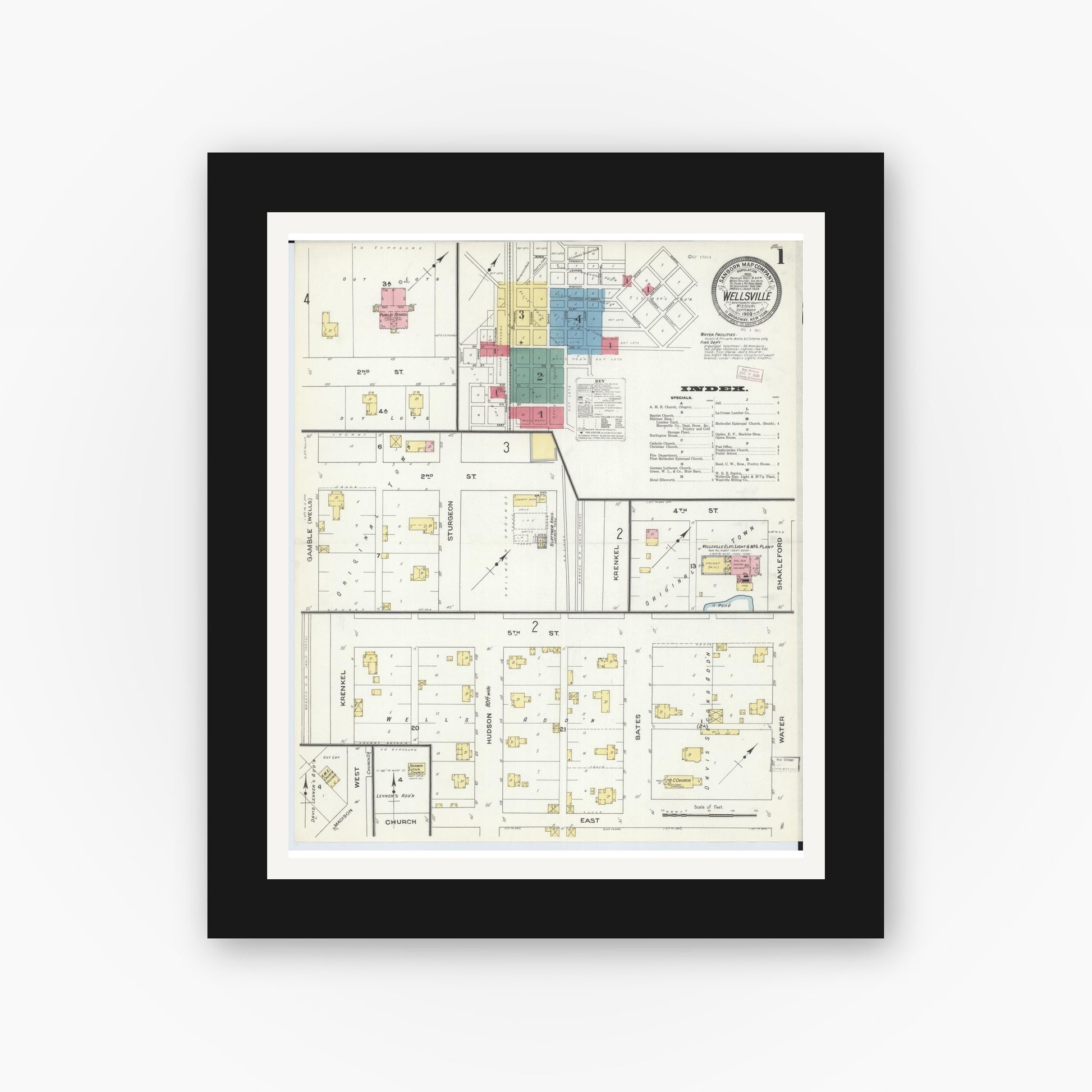 Old map wall art mockup — black gallery frame with white mat — Sanborn Fire Insurance Map from Wellsville, Montgomery County, Missouri (1909) - Complete Map Set