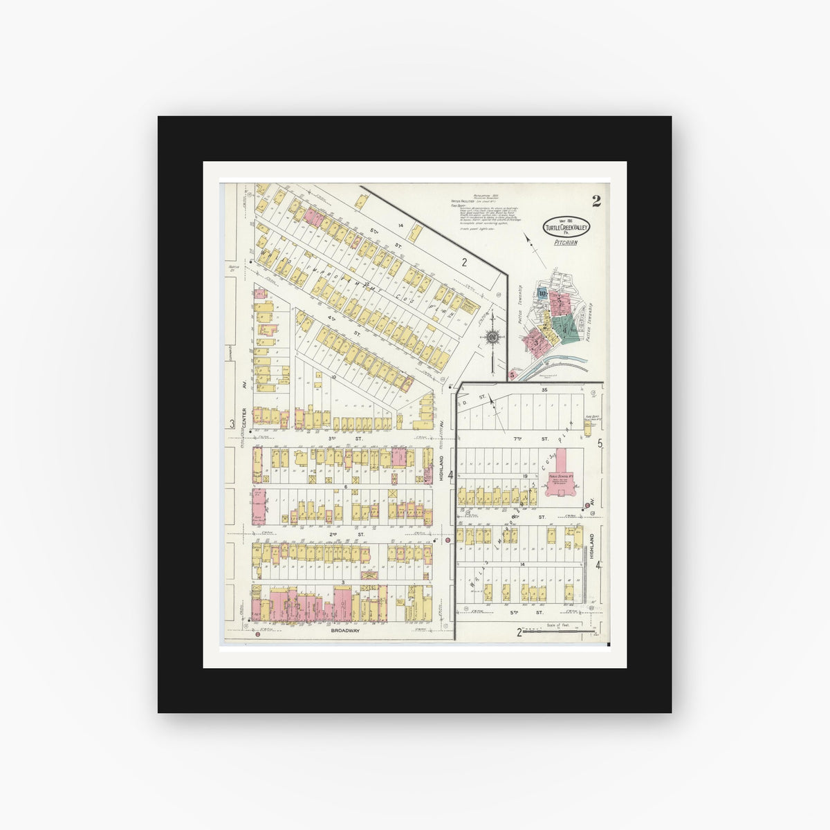 Old map wall art mockup — black gallery frame with white mat — Sanborn Fire Insurance Map from Turtle Creek Valley, Allegheny County, Pennsylvania (1911), Sheet #0002