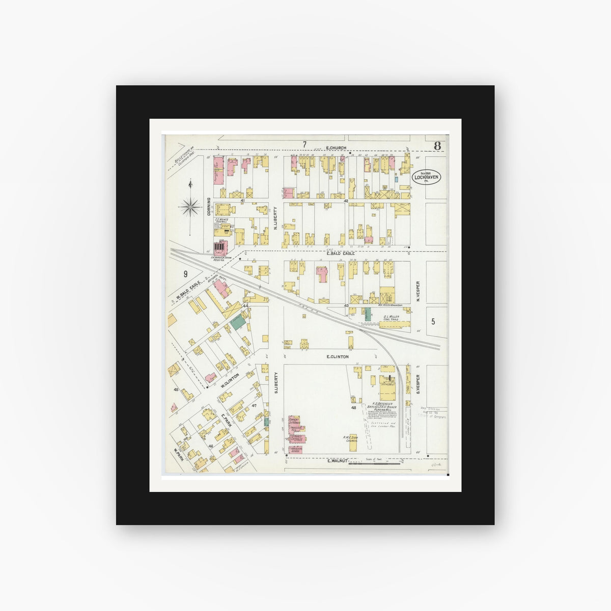 Old map wall art mockup — black gallery frame with white mat — Sanborn Fire Insurance Map from Lock Haven, Clinton County, Pennsylvania (1901), Sheet #0008