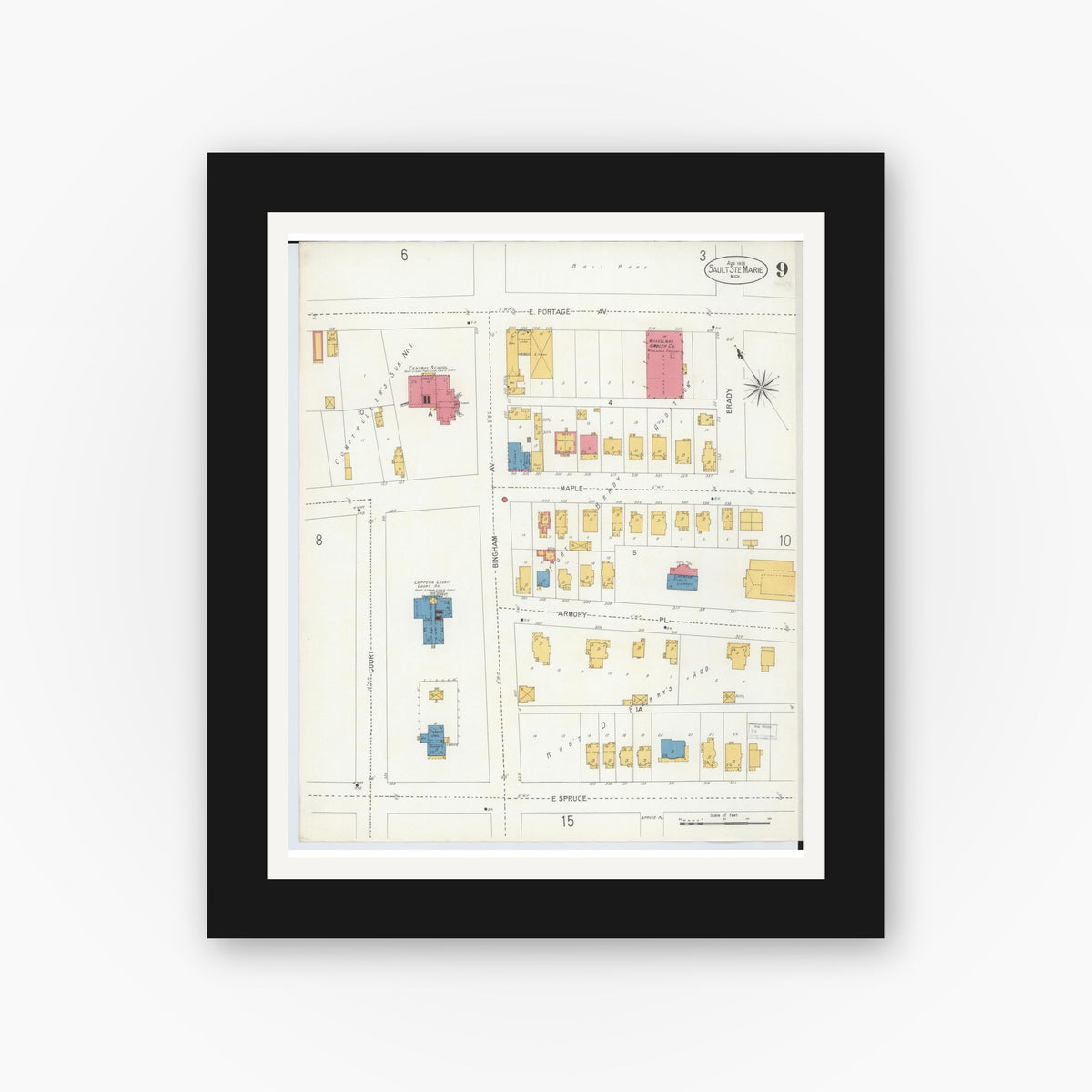 Old map wall art mockup — black gallery frame with white mat — Sanborn Fire Insurance Map from Sault Sainte Marie, Chippewa County, Michigan (1906), Sheet #0009