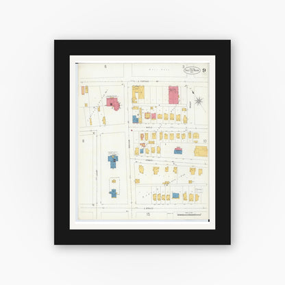 Old map wall art mockup — black gallery frame with white mat — Sanborn Fire Insurance Map from Sault Sainte Marie, Chippewa County, Michigan (1906), Sheet #0009