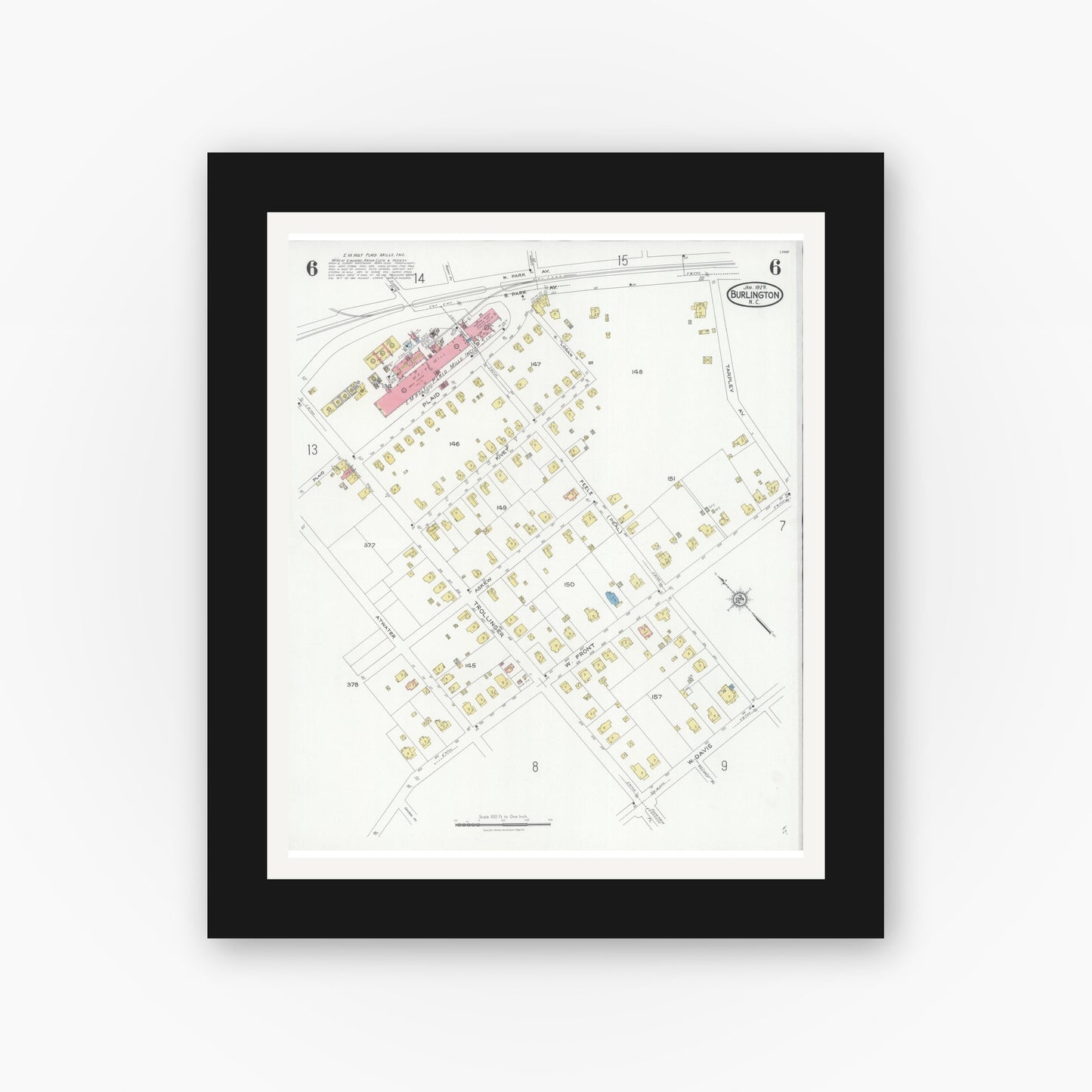 Old map wall art mockup — black gallery frame with white mat — Sanborn Fire Insurance Map from Burlington, Alamance County, North Carolina (1929), Sheet #0006