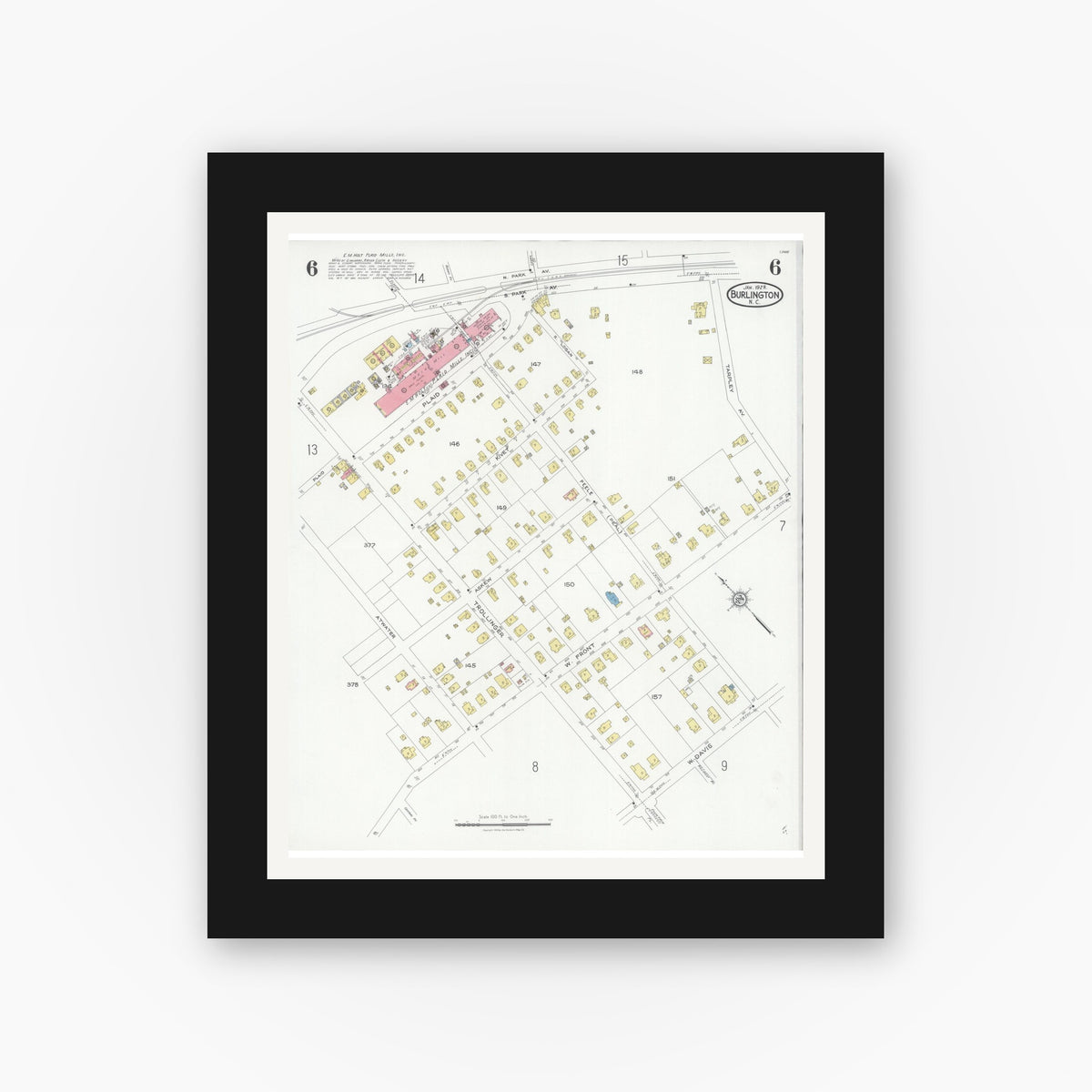 Old map wall art mockup — black gallery frame with white mat — Sanborn Fire Insurance Map from Burlington, Alamance County, North Carolina (1929), Sheet #0006