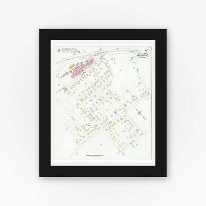 Old map wall art mockup — black gallery frame with white mat — Sanborn Fire Insurance Map from Burlington, Alamance County, North Carolina (1929), Sheet #0006