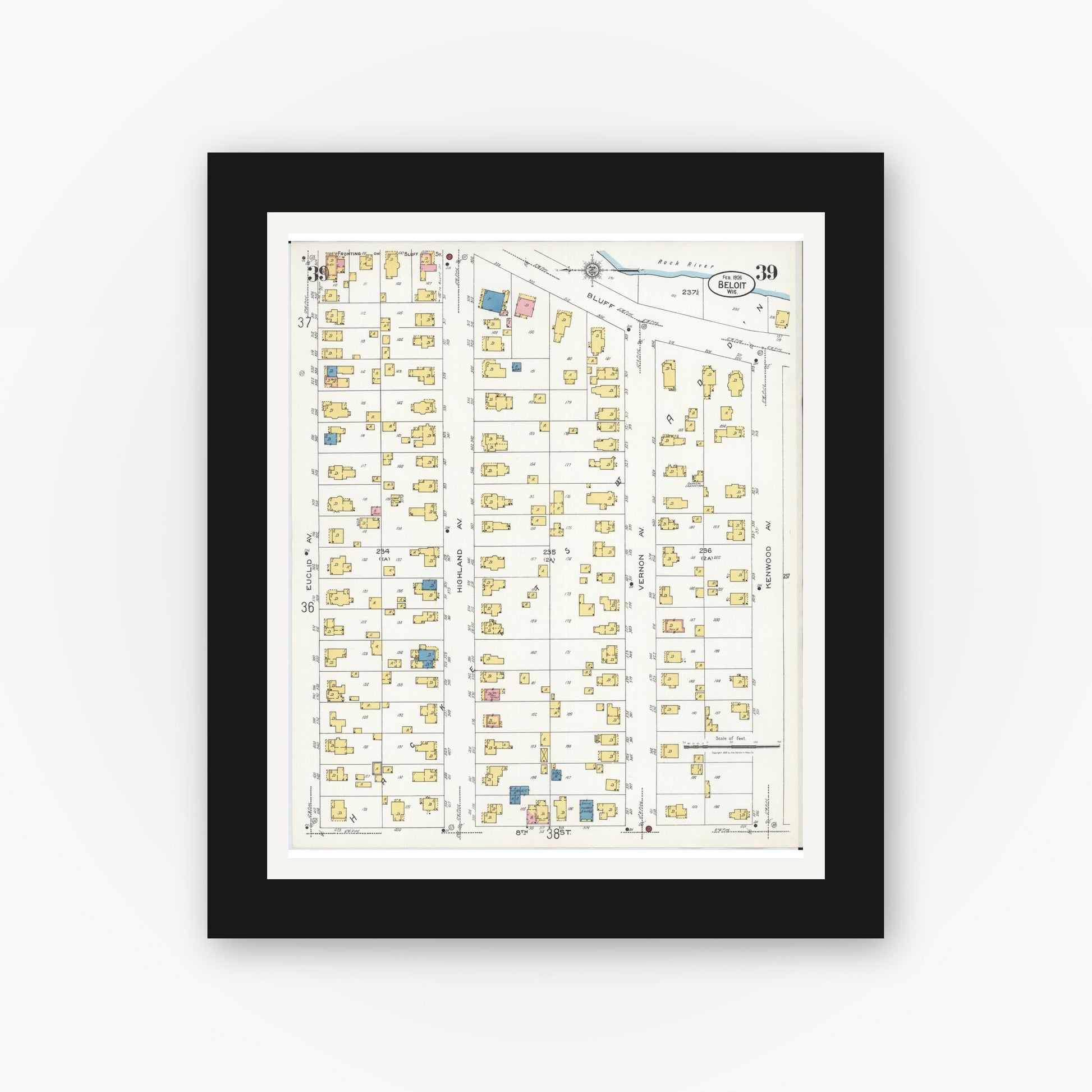 Old map wall art mockup — black gallery frame with white mat — Sanborn Fire Insurance Map from Beloit, Rock County, Wisconsin (1926), Sheet #0039
