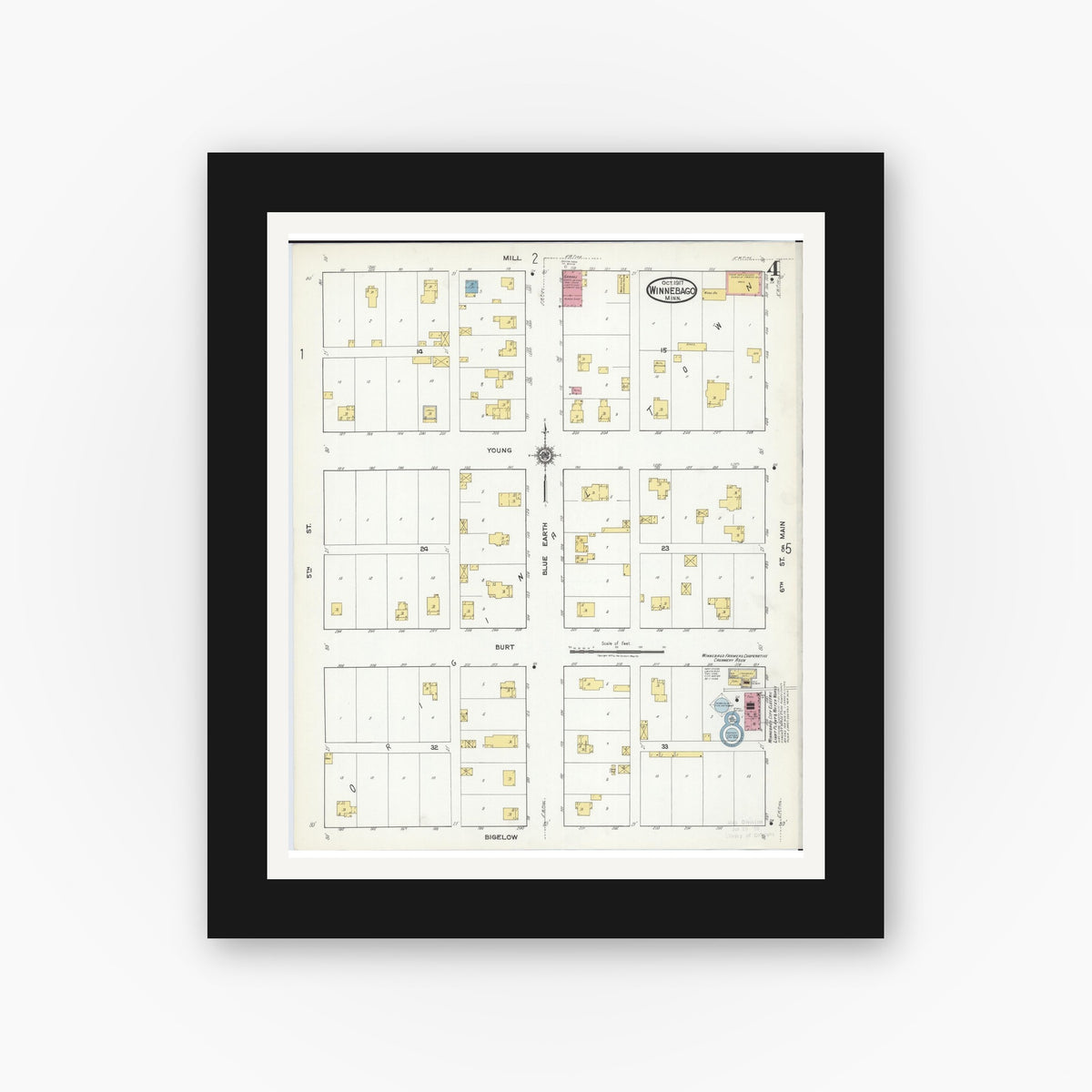 Old map wall art mockup — black gallery frame with white mat — Sanborn Fire Insurance Map from Winnebago, Faribault County, Minnesota (1917), Sheet #0004