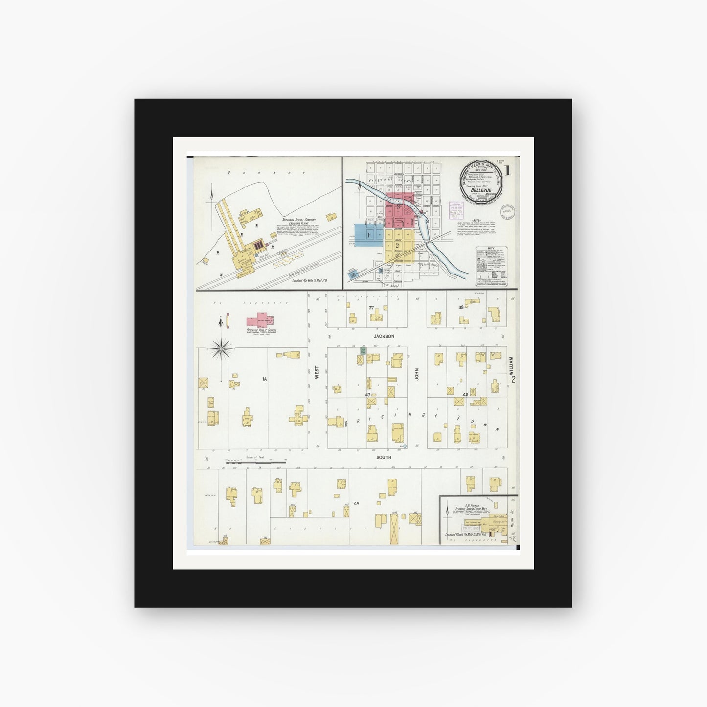 Old map wall art mockup — black gallery frame with white mat — Sanborn Fire Insurance Map from Bellevue, Eaton County, Michigan (1901), Sheet #0001