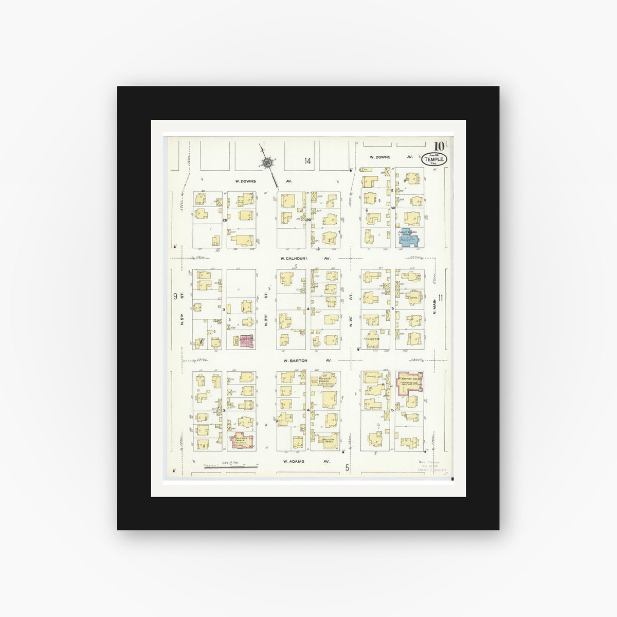 Old map wall art mockup — black gallery frame with white mat — Sanborn Fire Insurance Map from Temple, Bell County, Texas (1910), Sheet #0010