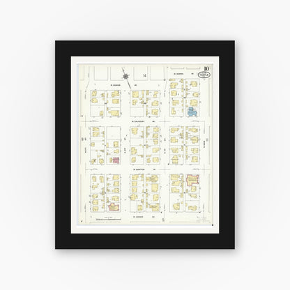 Old map wall art mockup — black gallery frame with white mat — Sanborn Fire Insurance Map from Temple, Bell County, Texas (1910), Sheet #0010