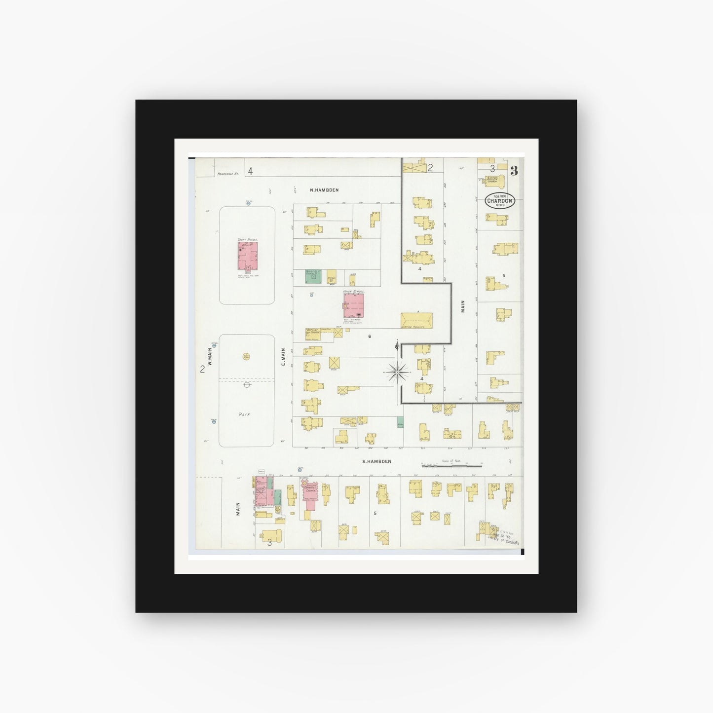 Old map wall art mockup — black gallery frame with white mat — Sanborn Fire Insurance Map from Chardon, Geauga County, Ohio (1899), Sheet #0003