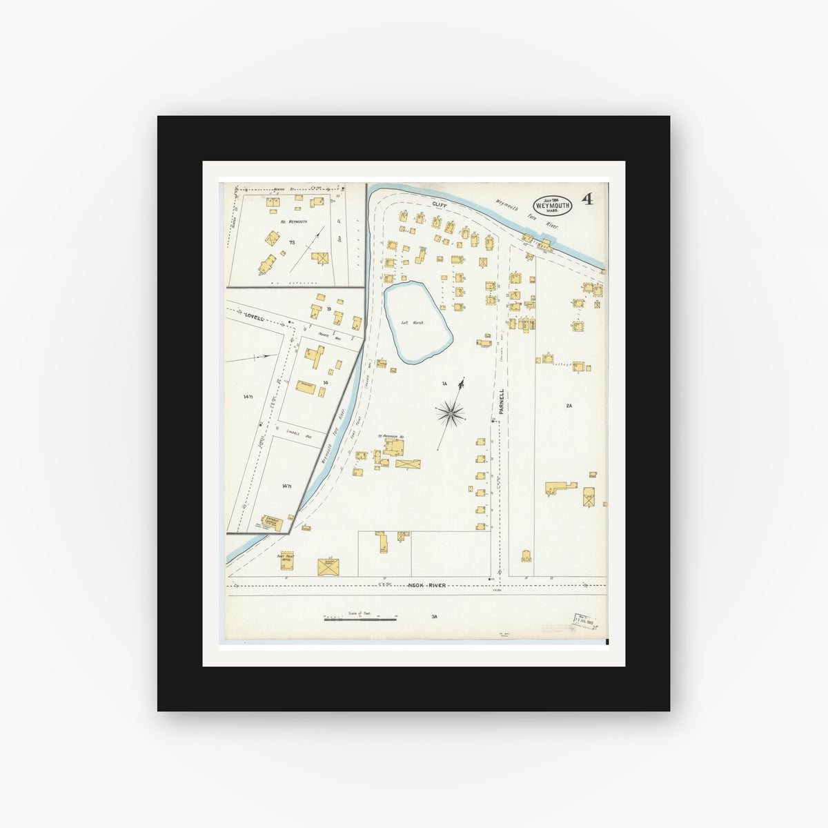 Old map wall art mockup — black gallery frame with white mat — Sanborn Fire Insurance Map from Weymouth, Norfolk County, Massachusetts (1904), Sheet #0004