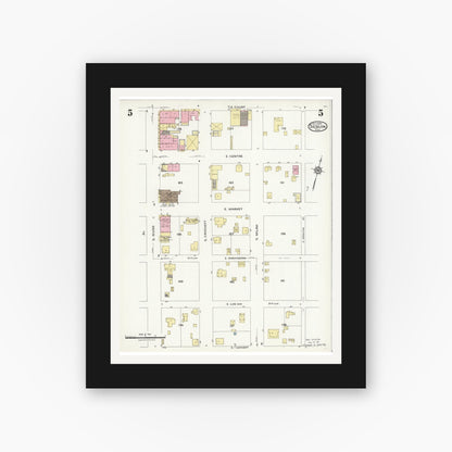 Old map wall art mockup — black gallery frame with white mat — Sanborn Fire Insurance Map from Seguin, Guadalupe County, Texas (1924), Sheet #0005