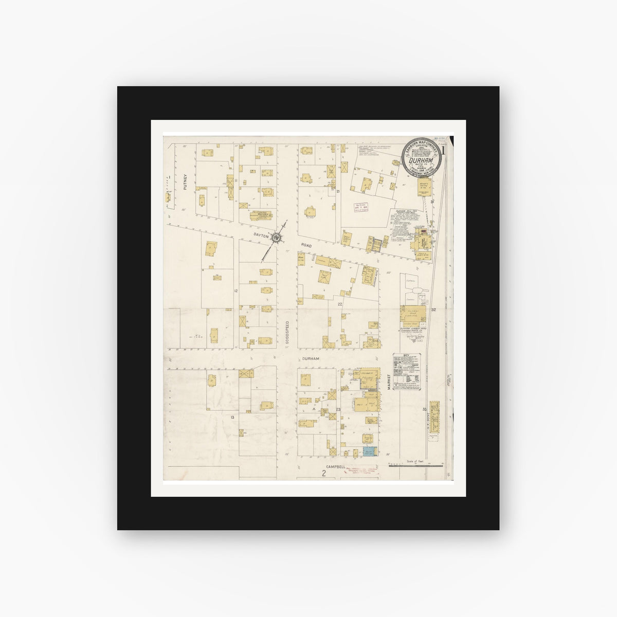 Old map wall art mockup — black gallery frame with white mat — Sanborn Fire Insurance Map from Durham, Butte County, California (1914) - Complete Map Set