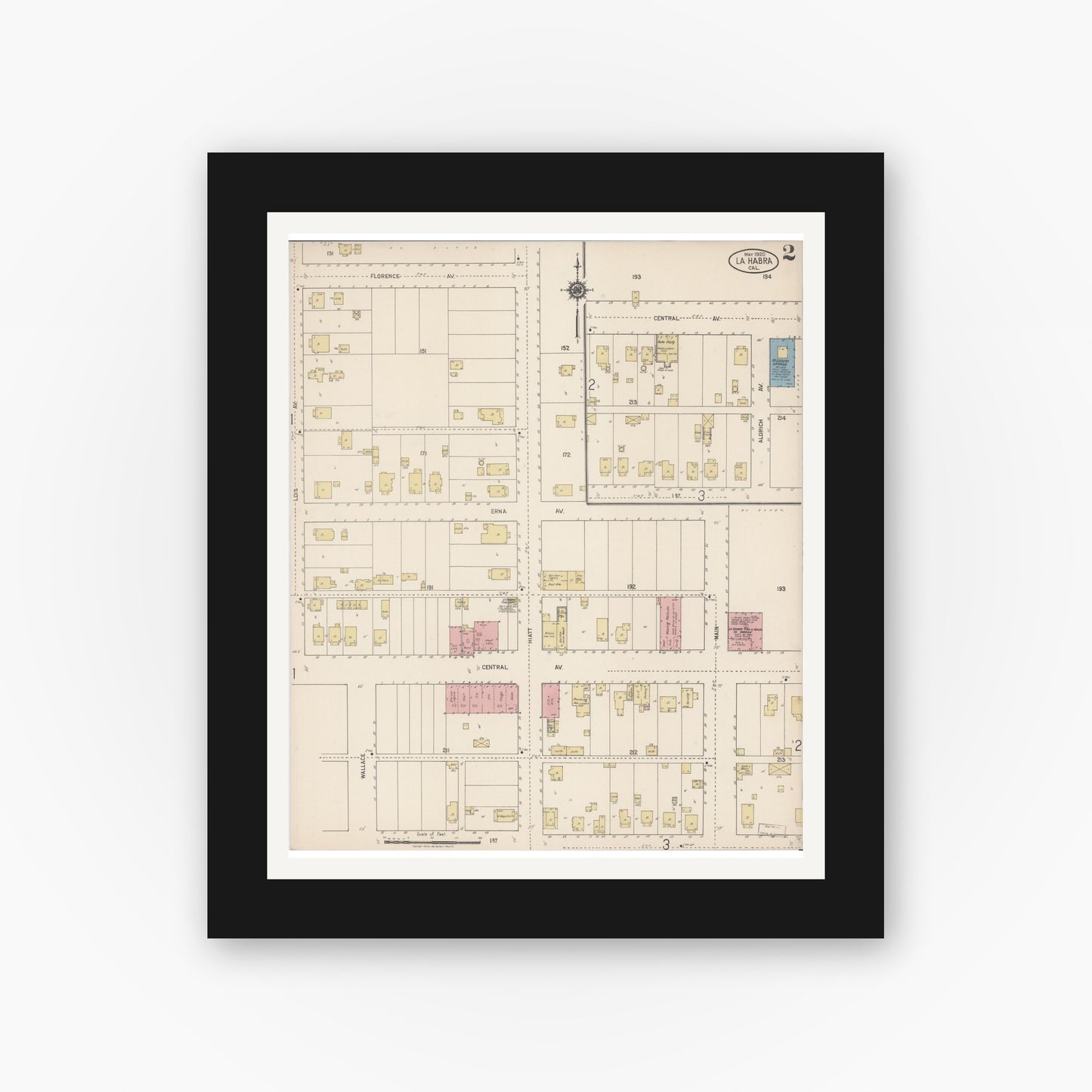 Old map wall art mockup — black gallery frame with white mat — Sanborn Fire Insurance Map from La Habra, Orange County, California (1920), Sheet #0002