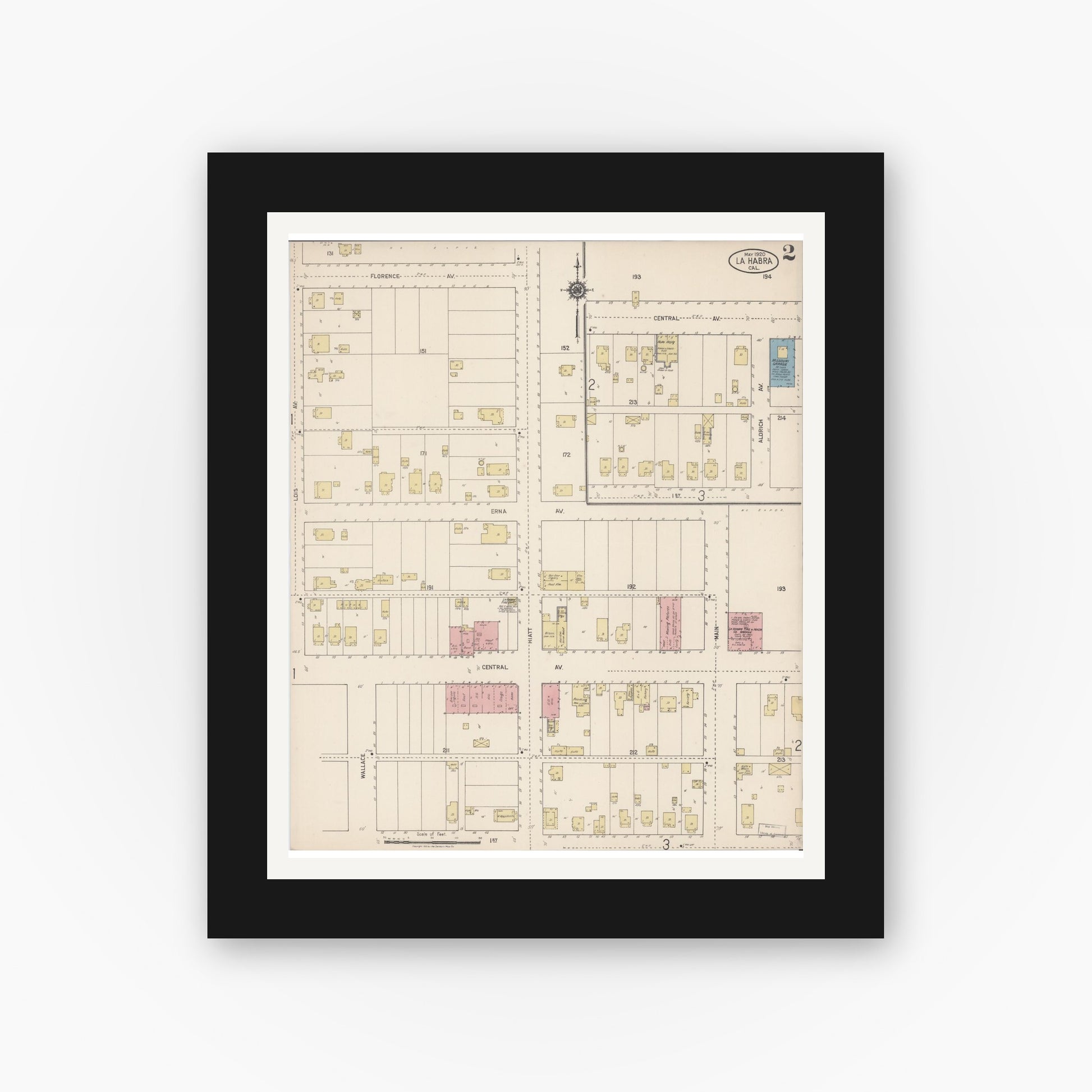 Old map wall art mockup — black gallery frame with white mat — Sanborn Fire Insurance Map from La Habra, Orange County, California (1920), Sheet #0002
