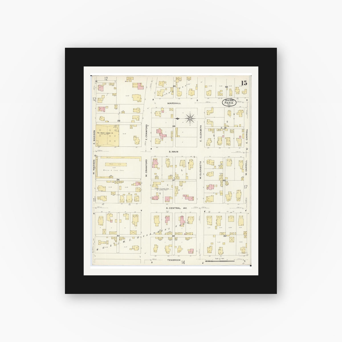 Old map wall art mockup — black gallery frame with white mat — Sanborn Fire Insurance Map from Paris, Edgar County, Illinois (1908), Sheet #0015
