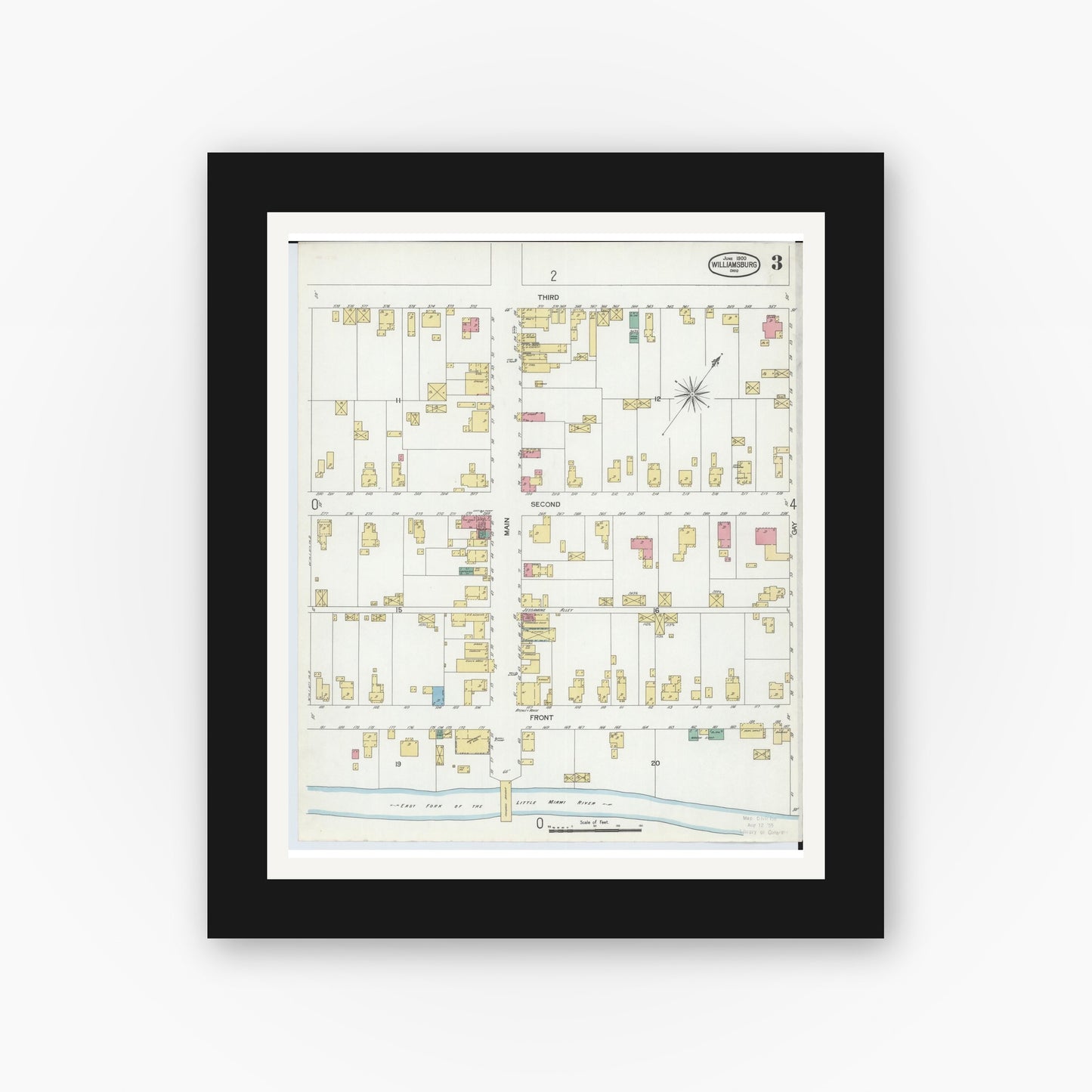 Old map wall art mockup — black gallery frame with white mat — Sanborn Fire Insurance Map from Williamsburg, Clermont County, Ohio (1900), Sheet #0003